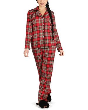 Memoi Plaid Notch Collar Cotton Blend Pajama Set - Red