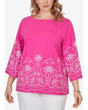 Ruby Rd. Plus Size Palm Tree Embroidered Knit Top - Pink