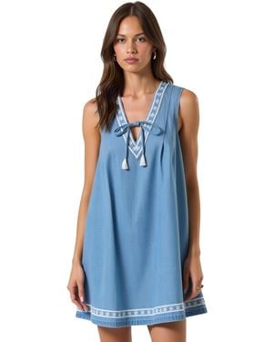 Modenaire Sleeveless Embroidered Trim Tie Front Mini Dress - Blue