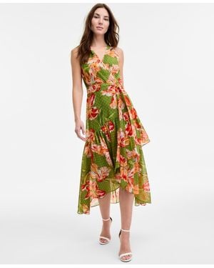 Anne Klein Floral-print High-low Faux-wrap Dress - Metallic