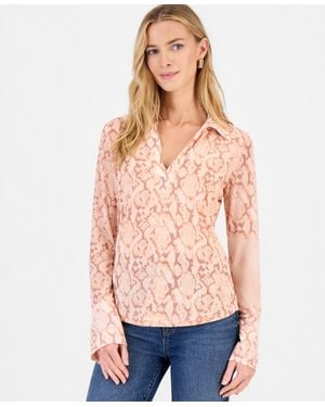 INC International Concepts Long-sleeve Printed Mesh Collared Top - Multicolor
