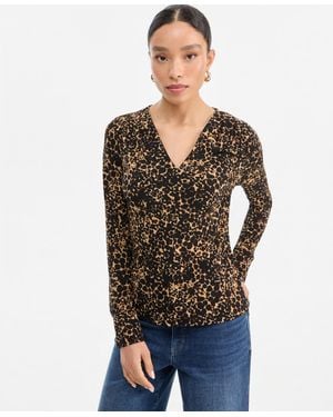 INC International Concepts Long-sleeve V-neck Print Blouse - Black