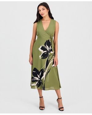 Anne Klein Petite V-neck A-line Midi Dress - Green