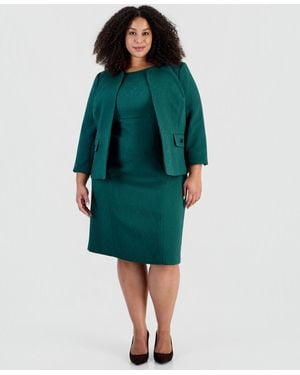 Le Suit Plus Size Jacquard Cardigan And Empire-seamed Dress - Blue