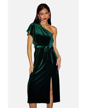 Yumi' Velvet Frill One Shoulder Midi Dress - Black