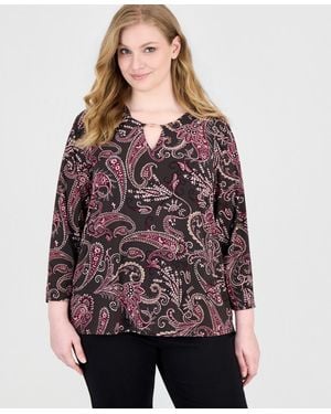 Jones New York Plus Size Paisley-print V-neck Keyhole 3/4-sleeve Blouse - Red