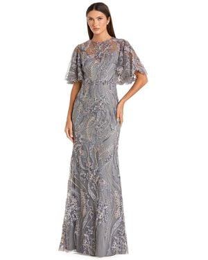 Mac Duggal Petite Floral-embroidered Flutter-sleeve Gown - White
