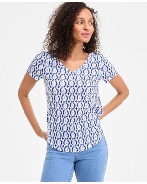 Style & Co. Petite Dyed Geo Perfect V-neck Tee - Blue