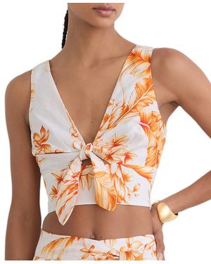 Reiss Milly Printed Tie-front Open-back Linen Top - Orange
