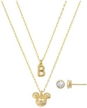 Disney Mickey Mouse Cubic Zirconia Initial Pendant Necklace And Earring Set - Metallic