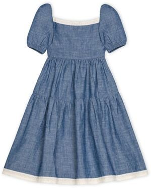 Hope & Henry Girls' Short Bubble Sleeve Crochet Trim Dress - Blue