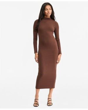 BarIII Long-sleeve Ribbed Mock-neck Sweater Dress - Brown