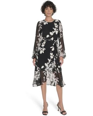 Tommy Hilfiger Petite Long-sleeve Chiffon Combo Midi Dress - White