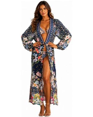 La Moda Clothing Floral-patchwork Long-sleeve Wrap Maxi Dress - Blue