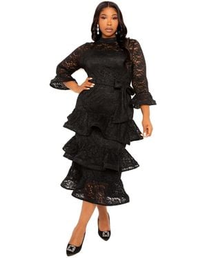 Buxom Couture Plus Size Lace Bell Sleeve Tiered Dress - Black