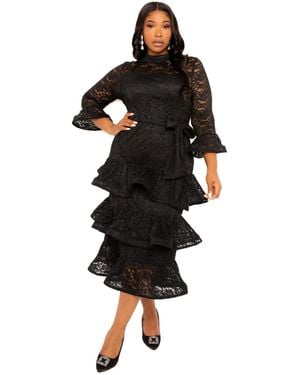Buxom Couture Plus Size Lace Bell Sleeve Tiered Dress - Black