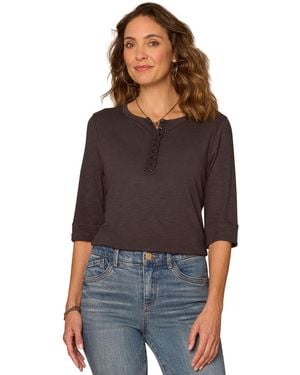 Democracy Petite Henley Neck Pull-on Knit Top - Brown