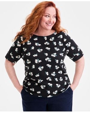 Style & Co. Plus Size Printed Elbow-sleeve Knit Top - Black