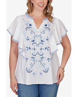Ruby Rd. Plus Size Featherlight Embroidered Flutter Sleeve T-shirt - White