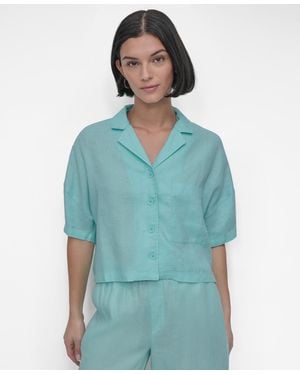 DKNY Button-front Dolman-sleeve Linen Top - Blue