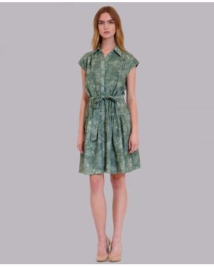 Julia Jordan Printed Collared Neck Shirt Dress - Green