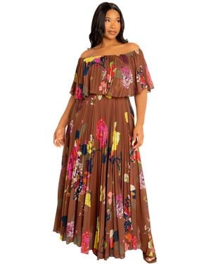 Buxom Couture Plus Size Floral Off Shoulder Pleated Maxi Dress - Red