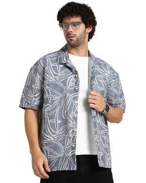 Campus Sutra Steel Vine-lines Resort Oversized Shirt - Blue