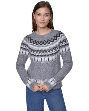DKNY Petite Fair Isle Long-blouson Sleeves Split Back Collar Sweater - Blue