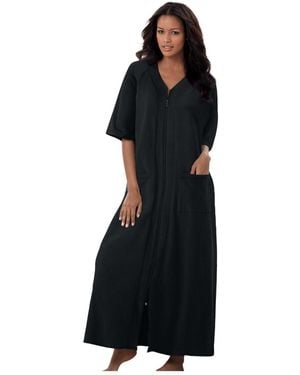 Dreams & Co. Long French Terry Zip-front Robe - Black