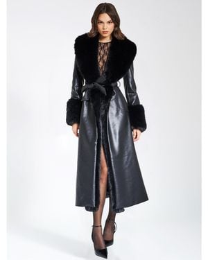 Miss Circle Zaida Faux Fur Trim Faux Leather Coat - Blue