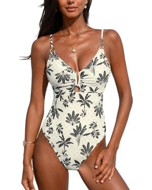 CUPSHE Neutral Tropic V Neck Ruched Bathing Suit - White