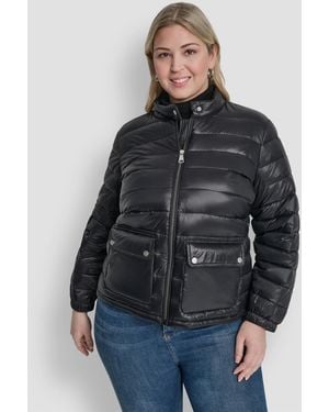 DKNY Plus Size Moto Collar Short Packable Coat - Blue