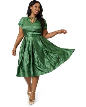 Unique Vintage Plus Size Short Petal Sleeve Tie Neck Dahlia Swing Dress - Green