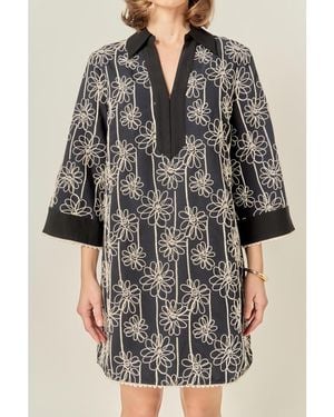 English Factory Floral Embroidered Collar Mini Dress - Black