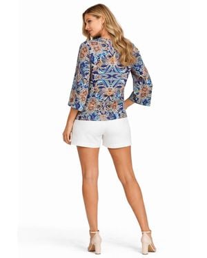 La Moda Clothing Medallion-print Bell-sleeve V-neck Tunic Top - Blue
