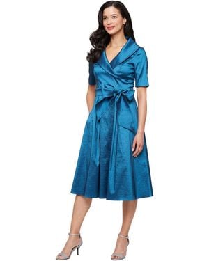 Alex Evenings Petite Stretch Taffeta V-neck Midi Dress - Blue
