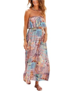 Lascana Patchwork-print Bandeau Ruffle-trim Maxi Dress - Multicolor