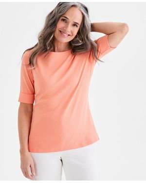 Style & Co. Boat-neck Elbow Sleeve Cotton Top - Orange
