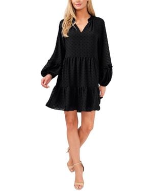 Cece Long Sleeve V-neck Ruffled Clip-dot Dress - Black