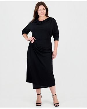 Anne Klein Plus Size Cowl Neck Long-sleeve Faux-wrap Midi Dress - Black