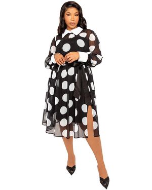 Buxom Couture Plus Size Contrast Collar Polka Dot Shirt Dress - White