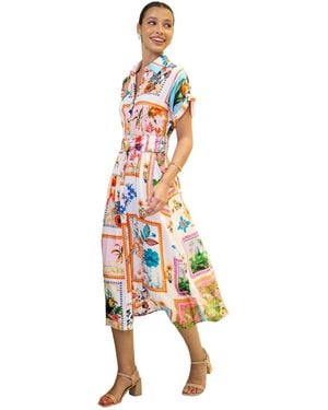 Yumi' Tropical Postcard Print Midi Shirt Dress - White