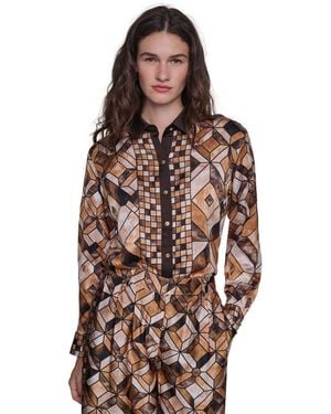 KARL LAGERFELD Petite Soft Set Long-sleeve Geometric-print Button-up Blouse - Brown
