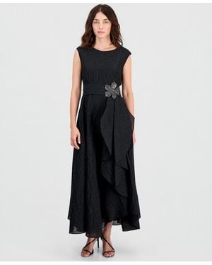 Tahari Boat-neck Embellished Crinkle Taffeta Dress - Black