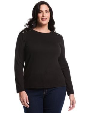 Rafaella Plus Size Laced Crew Neck Long Sleeve Top - Black