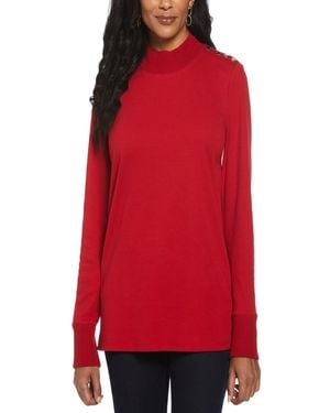 Rafaella Petite Rivet Detail Mock Neck Long Sleeve Top - Red