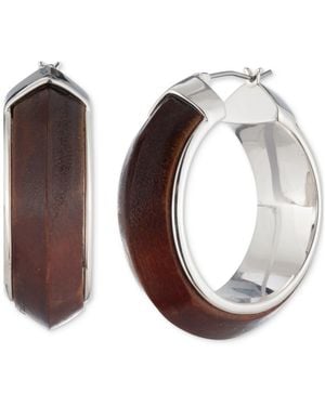 Ralph Lauren Silver-tone Wood Inlay Medium Hoop Earrings - Brown