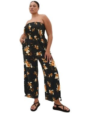 City Chic Plus Size Aruba Print Strapless Wide-leg Jumpsuit - Black