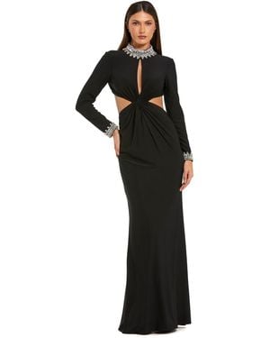 Mac Duggal Embellished Jersey Long Sleeve Cut Out Evening Gown - Black