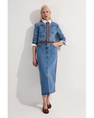 Karen Millen Denim & Leather Collarless Jacket - Blue